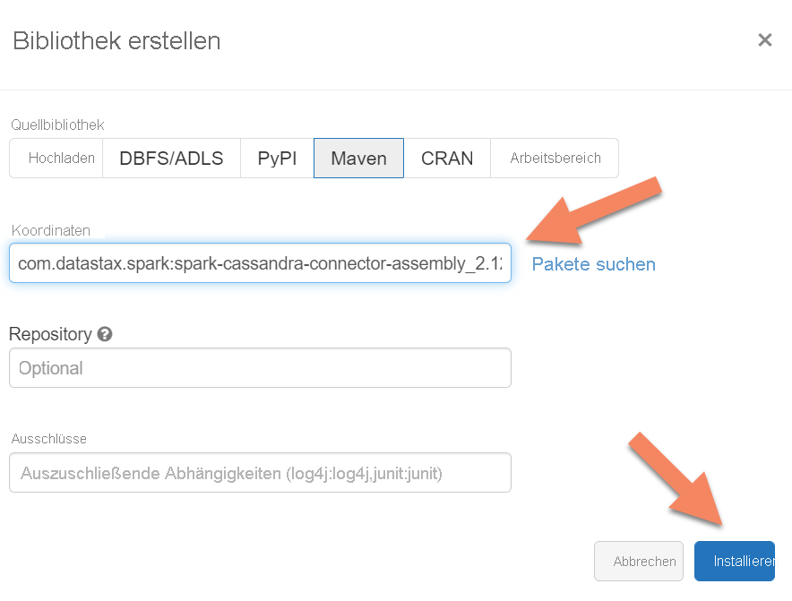 Screenshot, der zeigt, wie Maven-Pakete in Databricks gesucht werden.