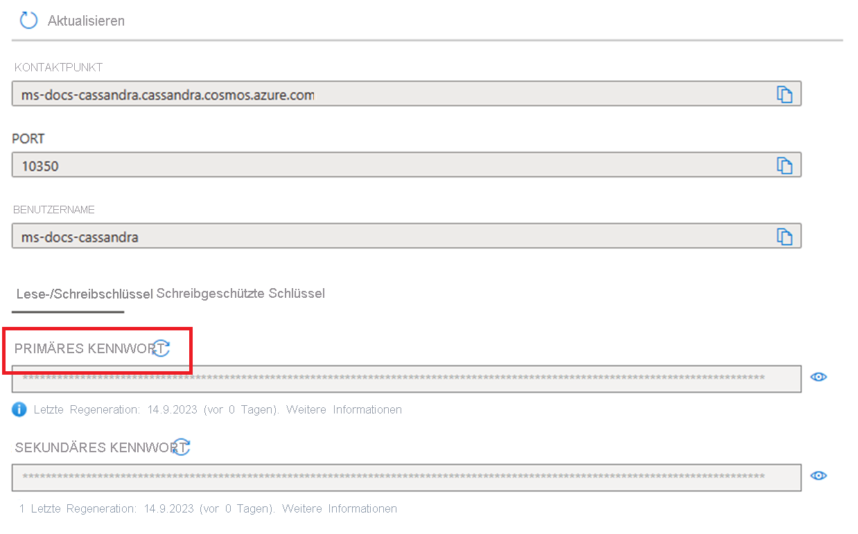 Screenshot, der zeigt, wie der Primärschlüssel im Azure-Portal neu generiert wird, wenn er mit Cassandra verwendet wird.