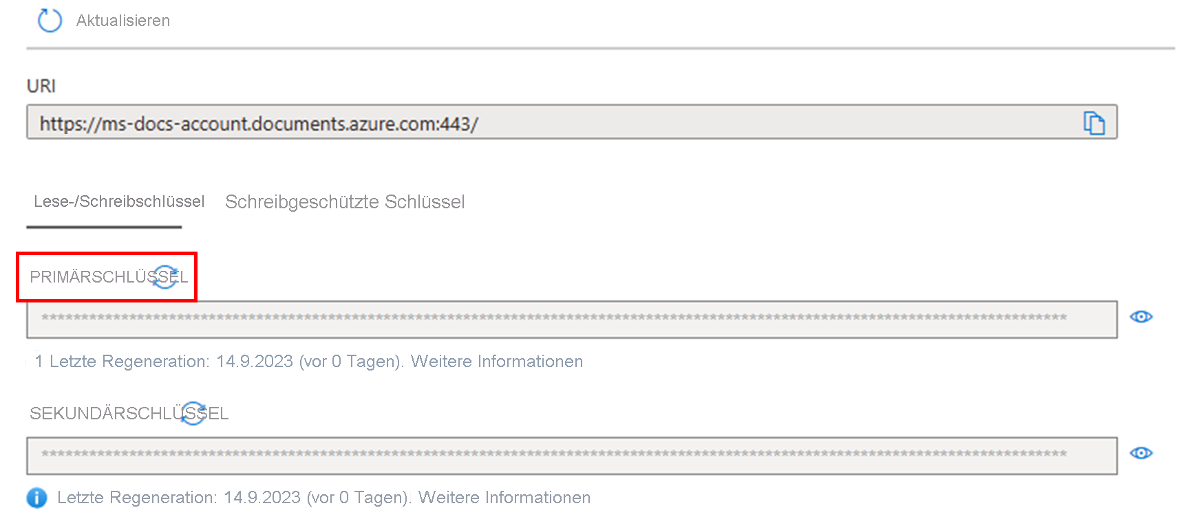 Screenshot, der zeigt, wie der Primärschlüssel im Azure-Portal neu generiert wird, wenn er mit der NoSQL-API verwendet wird.