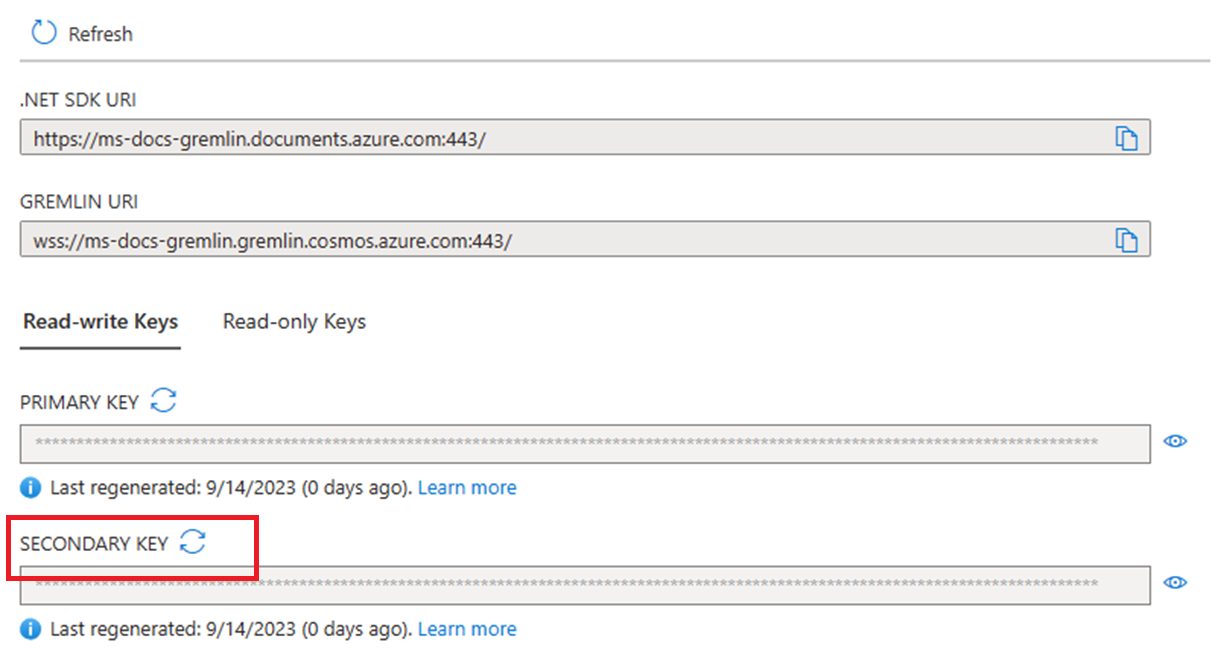 Screenshot, der zeigt, wie der sekundäre Schlüssel im Azure-Portal neu generiert wird, wenn er mit der Gremlin-API verwendet wird.