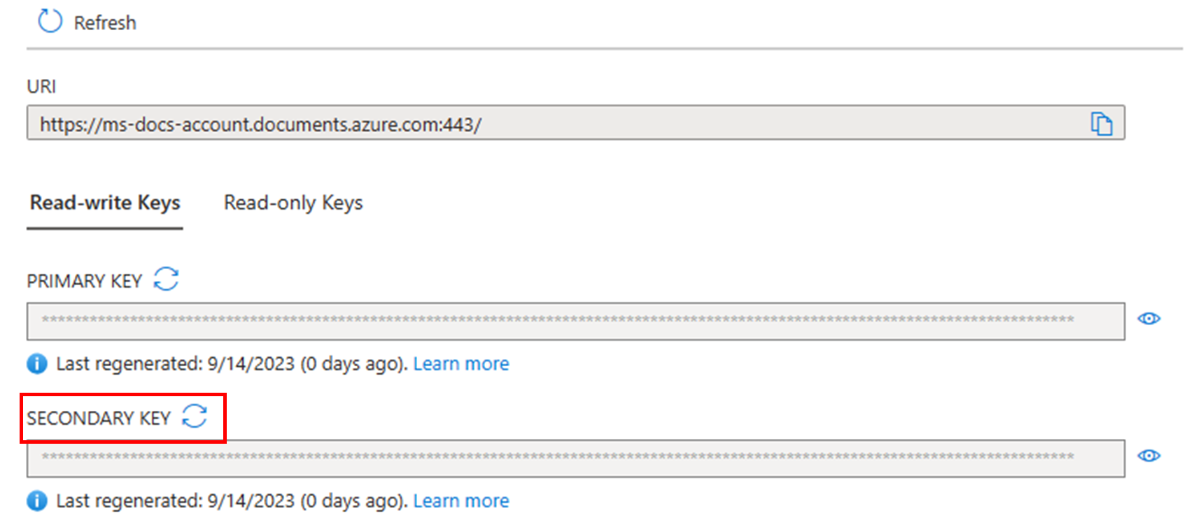 Screenshot, der zeigt, wie der sekundäre Schlüssel im Azure-Portal neu generiert wird, wenn er mit der NoSQL-API verwendet wird.