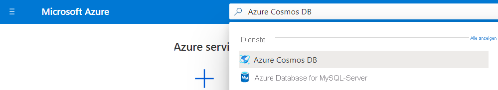 Screenshot that shows searching for Azure Cosmos DB.