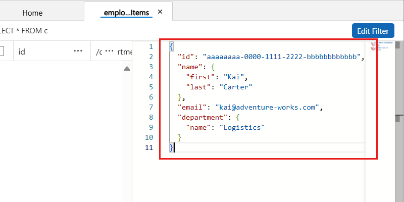 Screenshot des JSON-Inhalts für ein neues Element im Data Explorer.