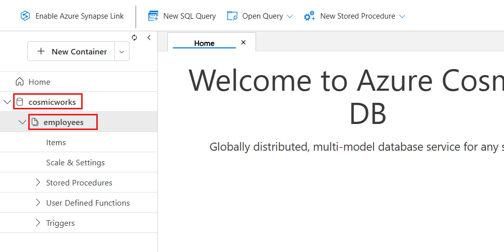 Screenshot der Hierarchie des Data Explorers mit einem Datenbankcontainer.
