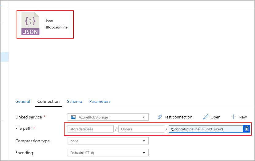 Screenshot, der die JSON-Quelldatei und die Dateipfadfelder hervorhebt.