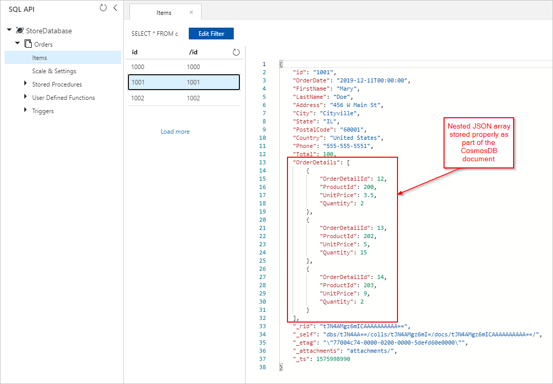 Screenshot, der die „OrderDetails“ als Teil des Cosmos DB-Dokuments anzeigt.