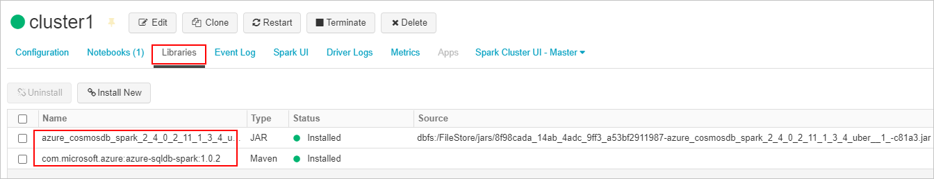 Screenshot, der zeigt, wo der erforderliche SQL-Connector und die Azure Cosmos DB Connector-Bibliotheken für den Azure Databricks-Cluster erstellt und angefügt werden.