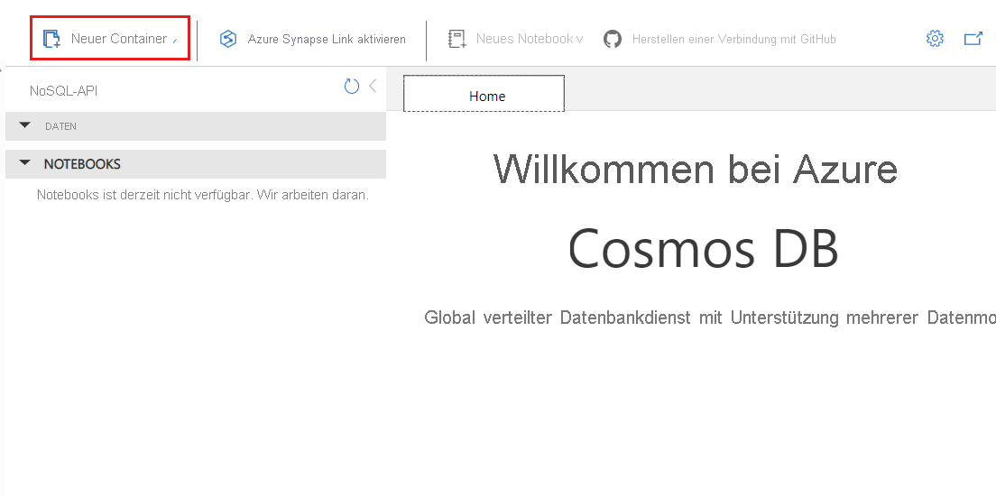 Screenshot der Option „Neuer Container“ in der Befehlsleiste des Daten-Explorer