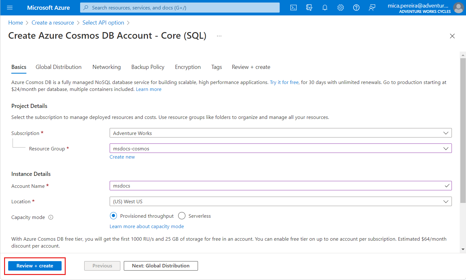 Screenshot: Seite „Neues Konto“ für Azure Cosmos DB SQL API.