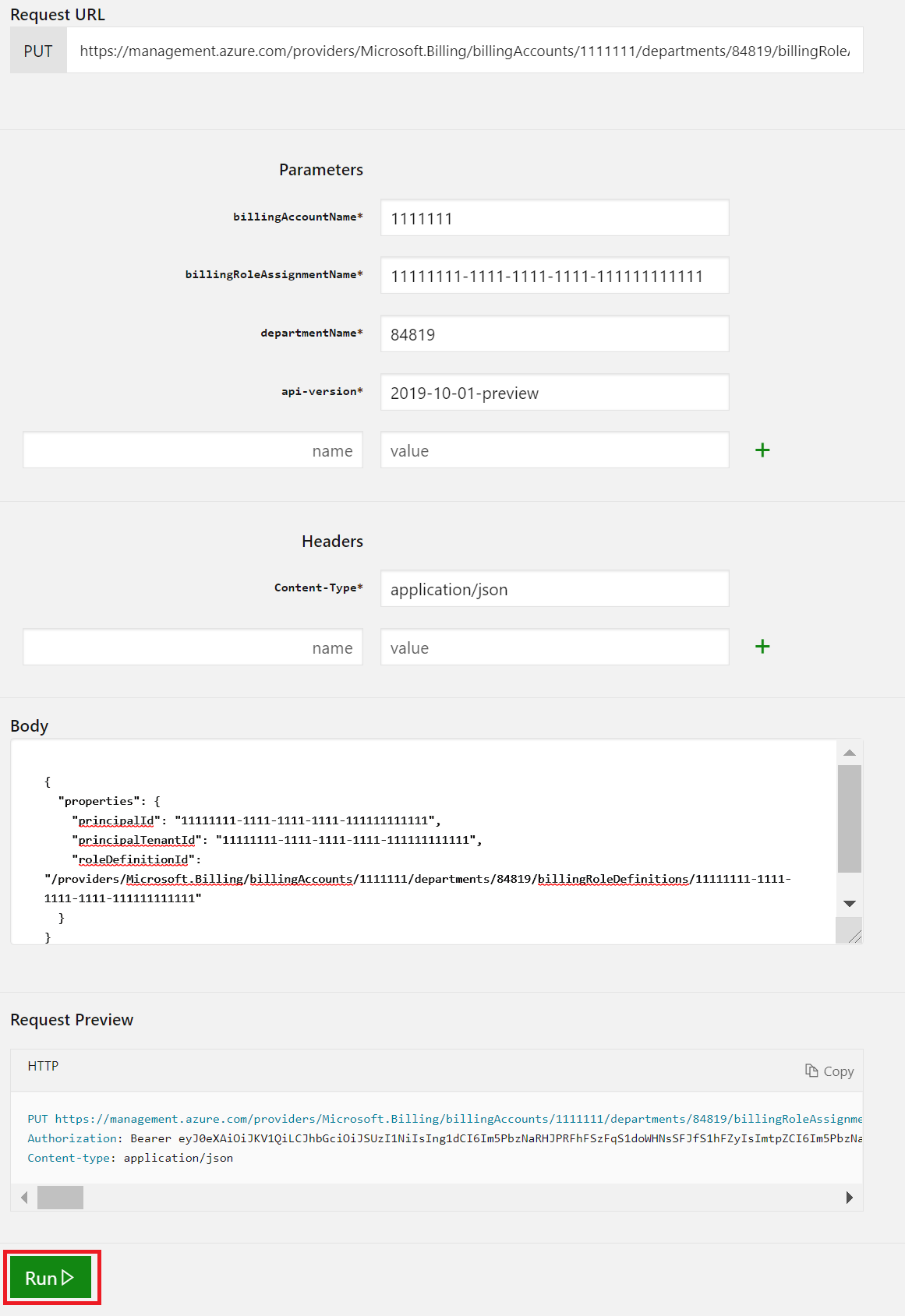 Screenshot: Beispiel für die Rollenzuweisung mit „PUT“ nach Klicken auf „Jetzt testen“ im Artikel zum Zuweisen von Registrierungsrollen für Abteilungen mit Beispielinformationen zum Ausführen des Befehls