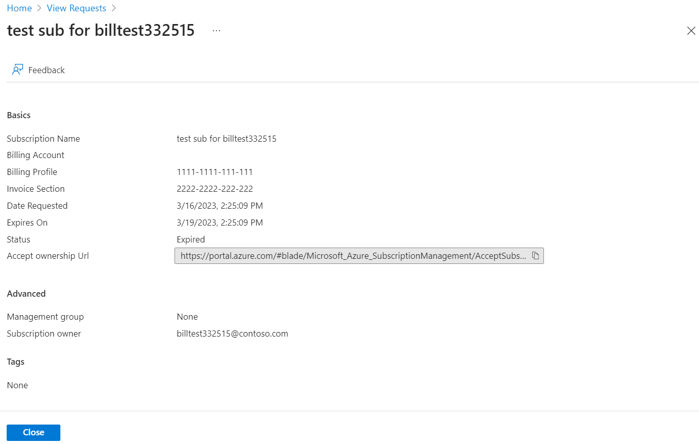 Screenshot: Anforderungsdetails zum Anzeigen der URL für die Besitzannahme