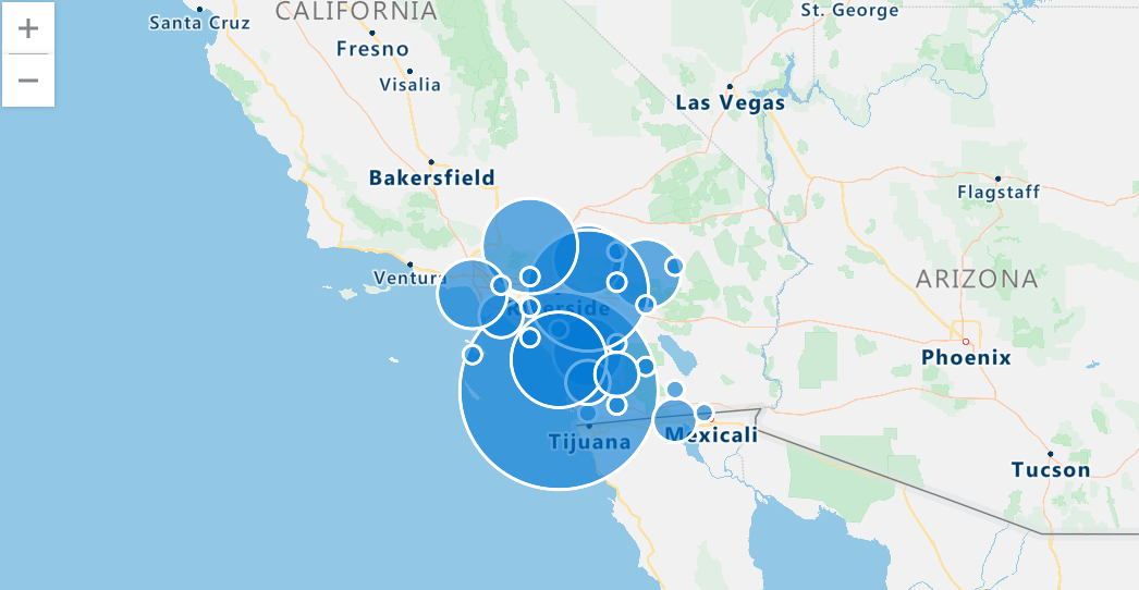 Screenshot: Azure Data Explorer-Weboberfläche mit einer geografischen Karte von Stürmen in Südkalifornien