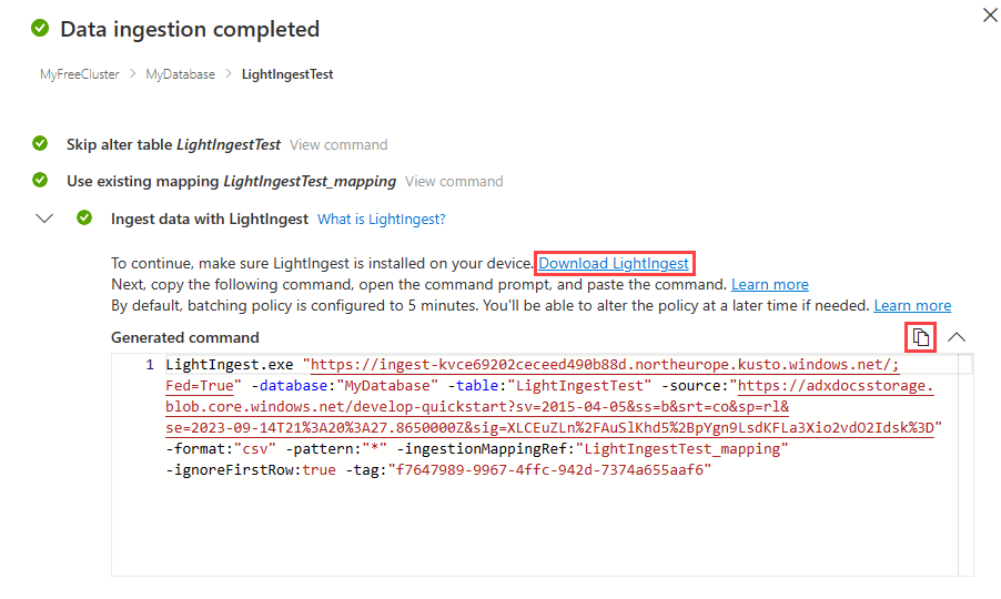 Screenshot: Registerkarte „Zusammenfassung“ mit generiertem Befehl. Sie können den Befehl mithilfe des Kopiersymbols oberhalb des Felds mit dem generierten Befehl kopieren.