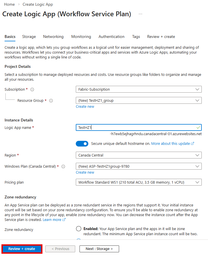 Screenshot: Seite „Logik-App erstellen“ mit ausgefüllter Registerkarte „Allgemeine Informationen“