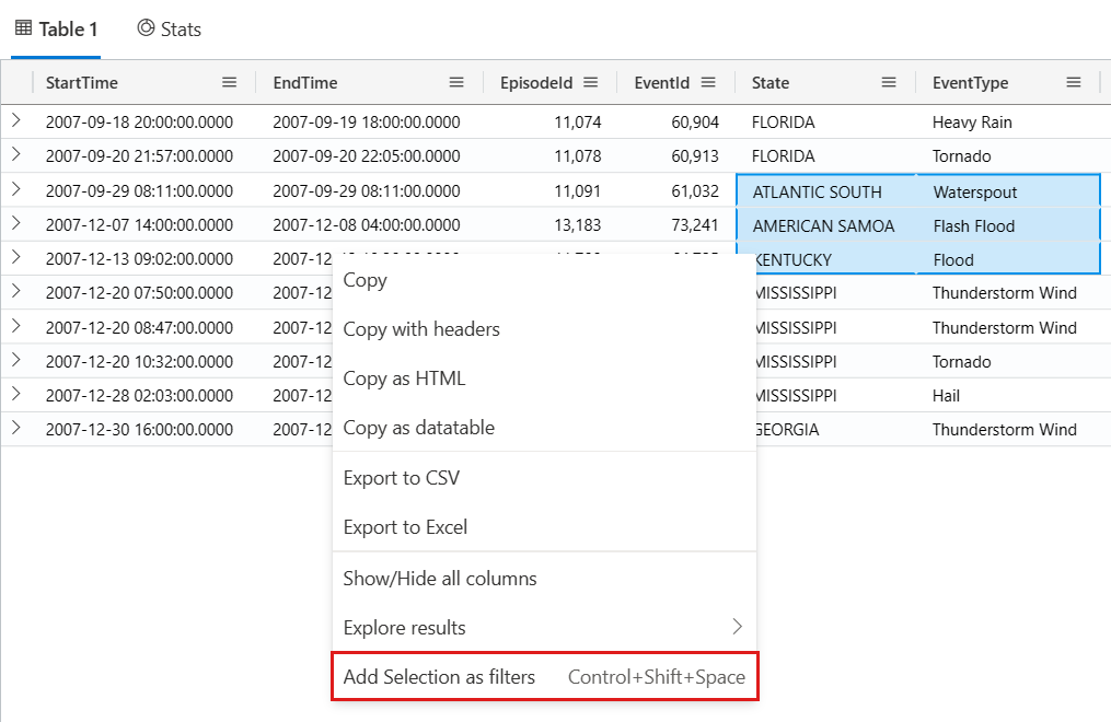 Screenshot: Dropdownmenü mit der Option „Auswahl als Filter hinzufügen“ zum direkten Abfragen über das Raster