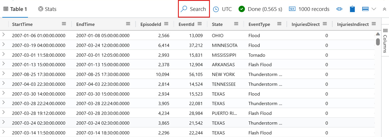 Screenshot: Hervorgehobene Suchleiste in der Tabelle