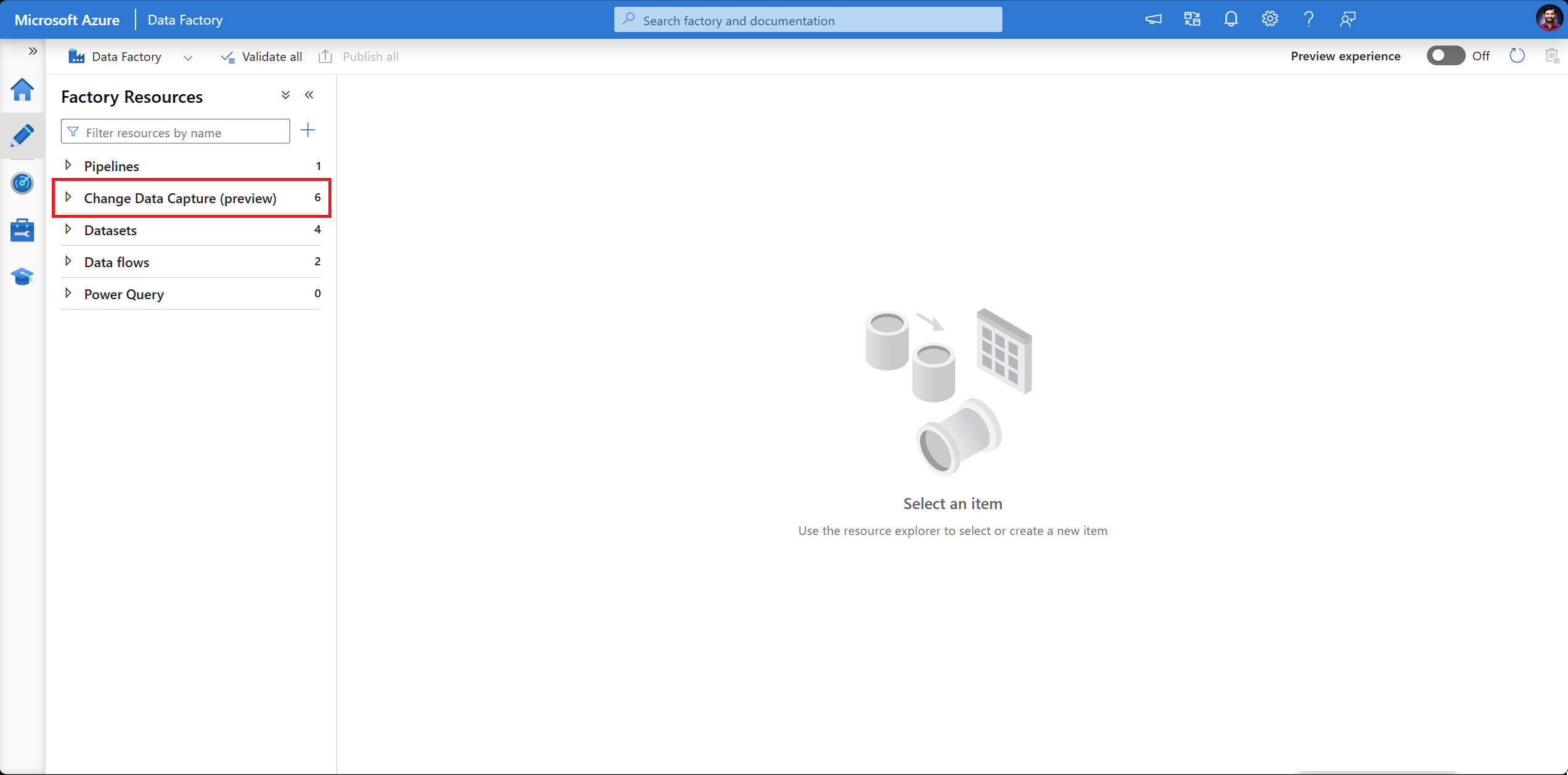 Screenshot: Neues Artefakt der obersten Ebene für Change Data Capture im Bereich mit Factory-Ressourcen