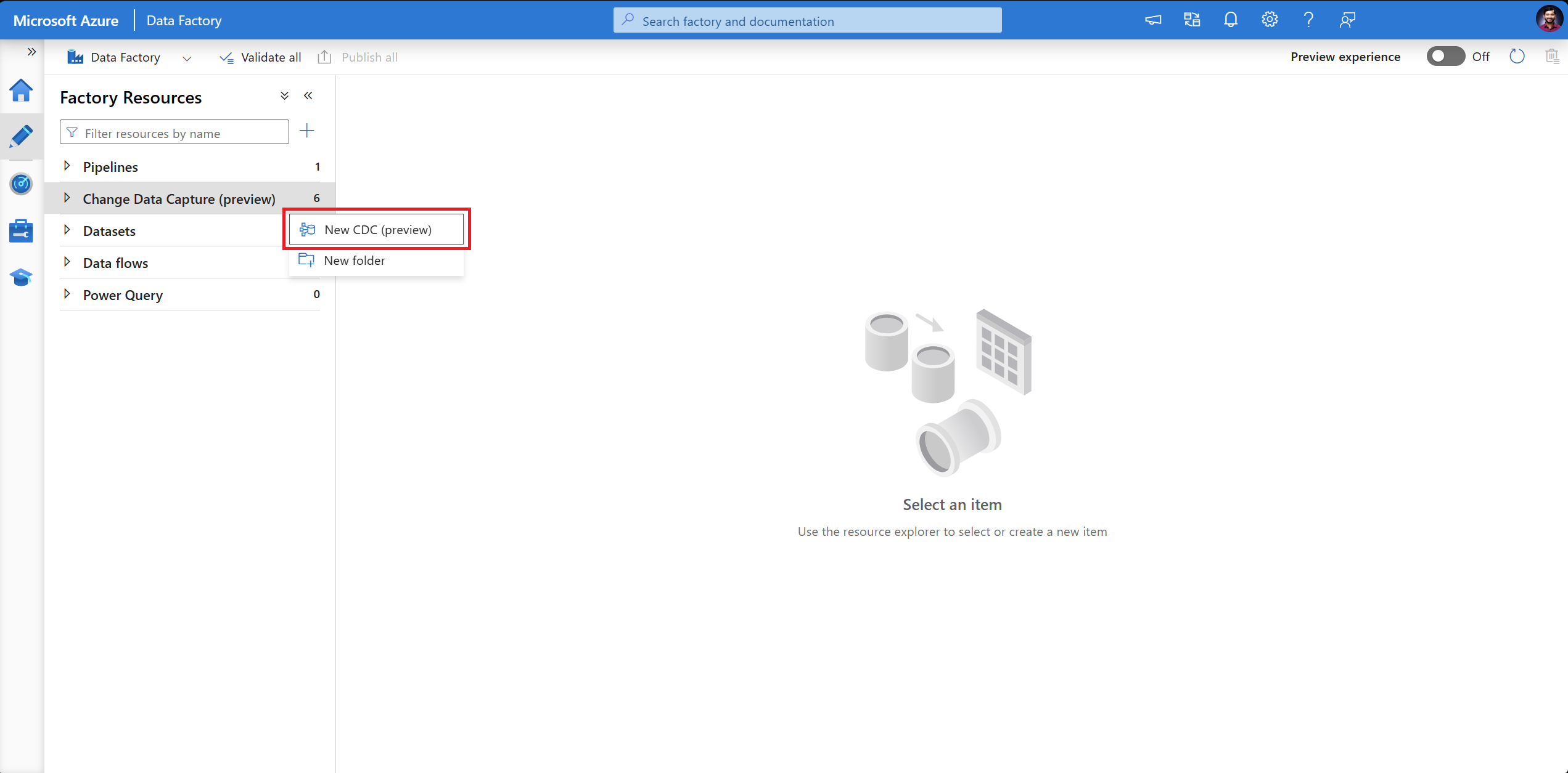 Screenshot einer Liste von Change Data Capture-Aktionen
