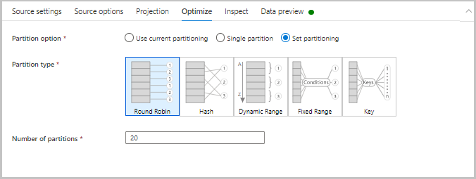Screenshot der Registerkarte „Optimieren“ mit der Option „Partition“, dem Partitionstyp und der Anzahl von Partitionen