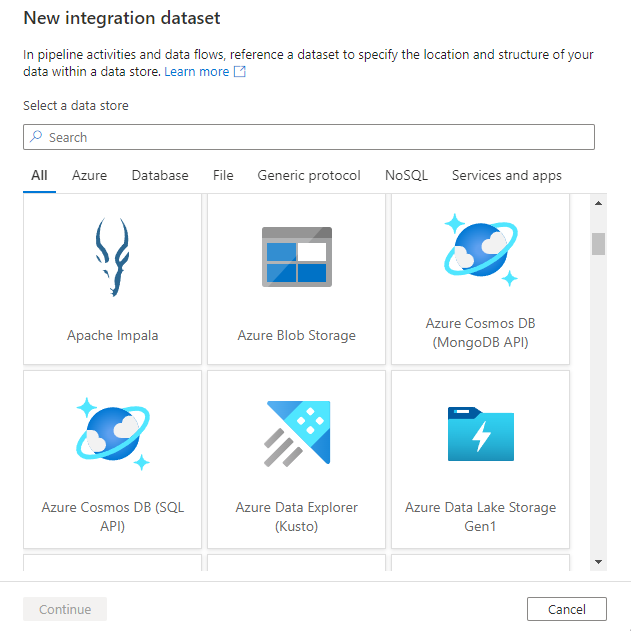 Screenshot: Fenster für neues Integrationsdataset zum Auswählen des Typ des verknüpften Diensts mit einem der unterstützten Azure Synapse-Connectors