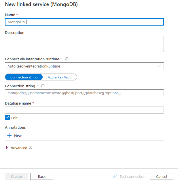 Screenshot of linked service configuration for MongoDB.