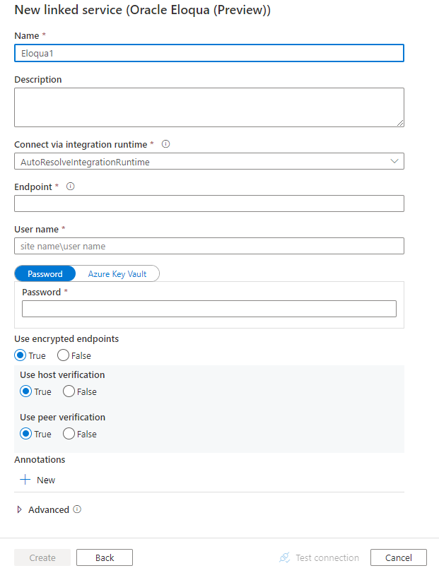 Screenshot of linked service configuration for Oracle Eloqua.