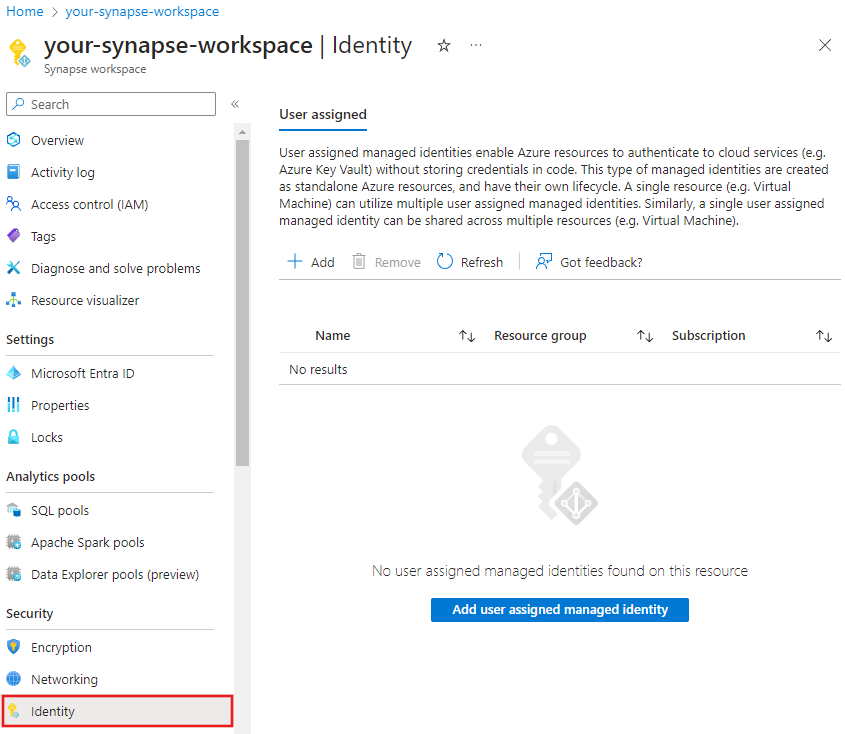 Screenshot showing how to use Azure portal to associate a user-assigned managed identity.