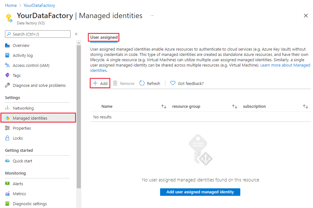 Screenshot showing how to use Azure portal to associate a user-assigned managed identity.