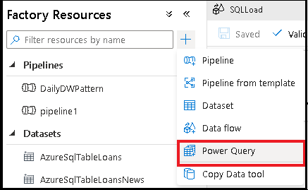 Screenshot that shows how to add a Power Query data wrangling activity.