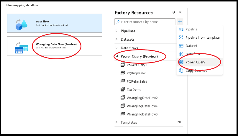 Screenshot that shows Power Query in the factory resources pane.