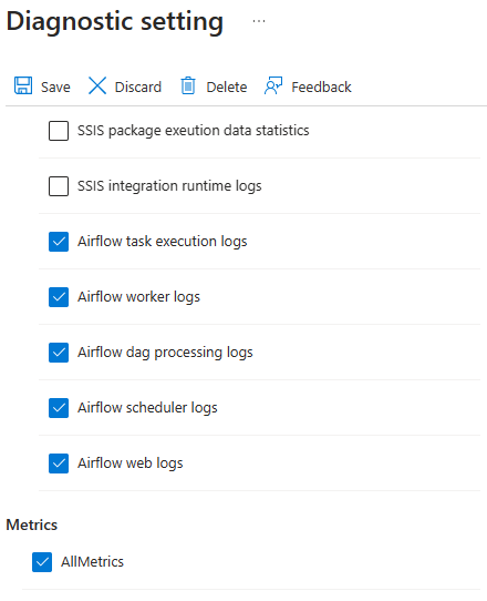 Screenshot, der zeigt, welche Protokolle für die Airflow-Umgebung ausgewählt werden sollen.
