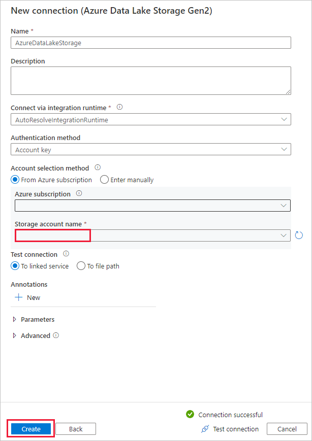 Screenshot mit der Konfiguration der Azure Data Lake Storage Gen2 connection.