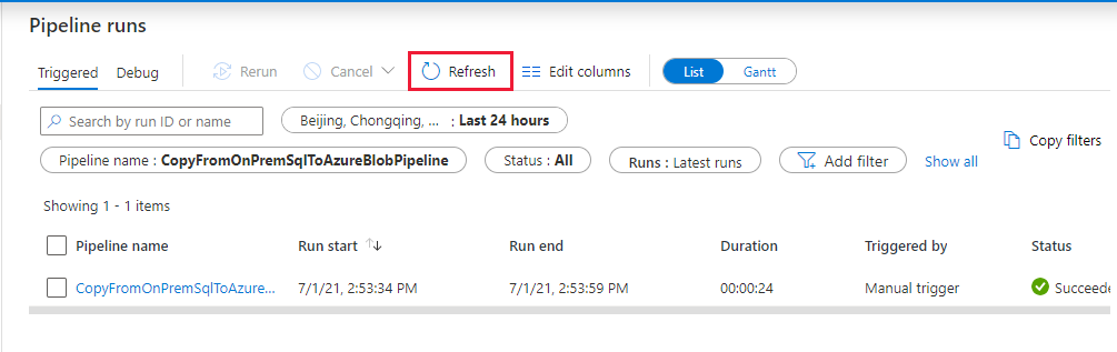 Screenshot, der die Seite Pipeline-Ausführungen zeigt.