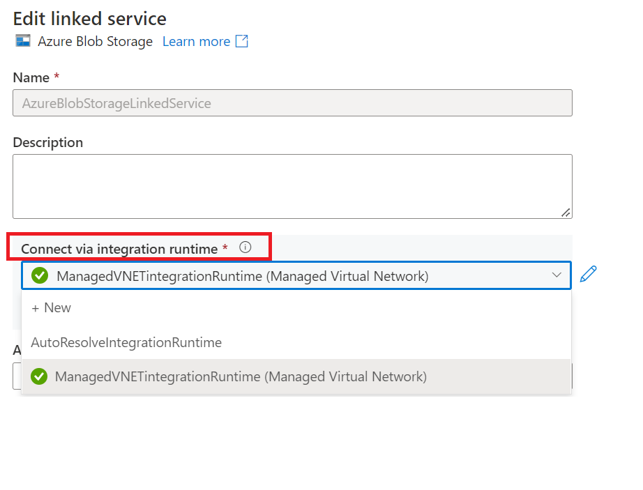 Screenshot: Ändern des Integration Runtime-Verweises im verknüpften Dienst.