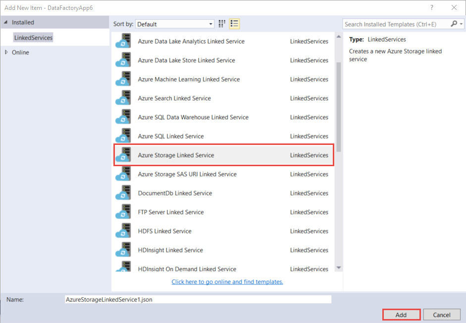 Screenshot mit hervorgehobener Option „Mit Azure Storage verknüpfter Dienst“ in der Liste