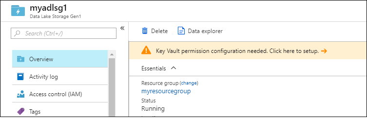 Screenshot: Blatt „Data Lake Storage Gen1-Konto“ mit der Warnung „Die Key Vault-Berechtigung muss konfiguriert werden. Klicken Sie hier, um sie einzurichten.“