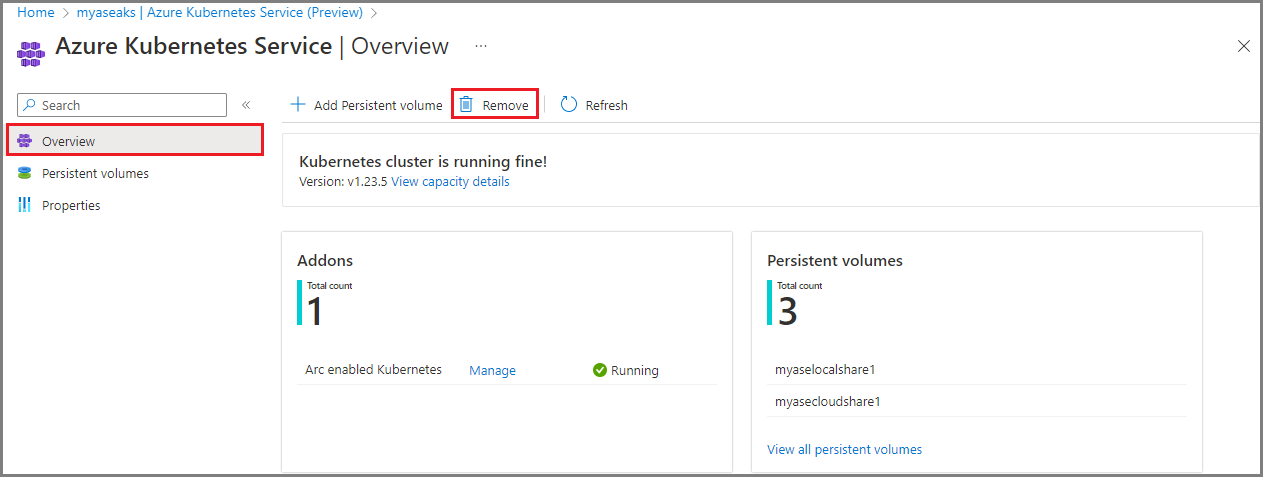 Screenshot zeigt die Seite „Azure Kubernetes Service-Übersicht“ mit der Option „Entfernen“.