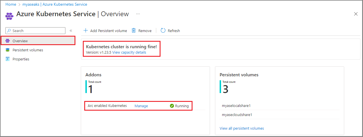 Screenshot zeigt die Seite „Azure Kubernetes Service-Übersicht“ mit dem Status des Kubernetes-Diensts.
