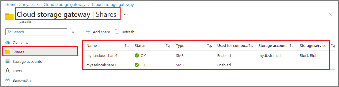 Screenshot zeigt Cloudspeicher-Gatewayfreigaben mit aktiviertem Edgecomputing zeigt.