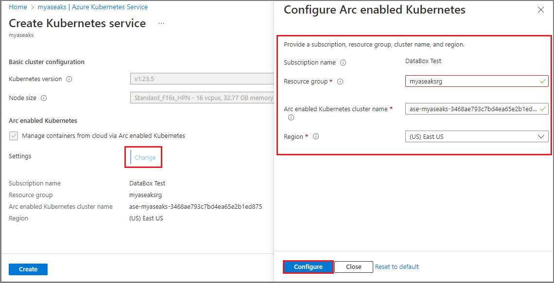 Screenshot zeigt die Optionen „Arc-fähiges Kubernetes konfigurieren“ als Teil des Konfigurierens des Kubernetes-Diensts im Azure-Portal.