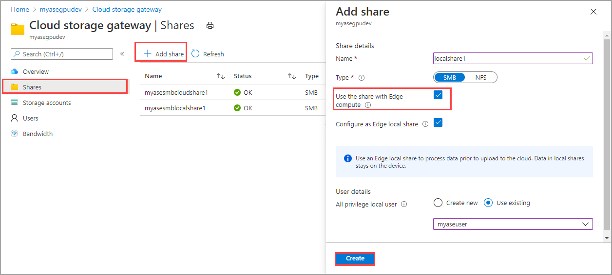 Local share creation in Azure portal for static provisioning