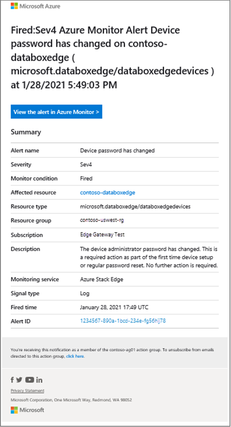 Screenshot showing a sample email notification for an action rule for an Azure Stack Edge resource.
