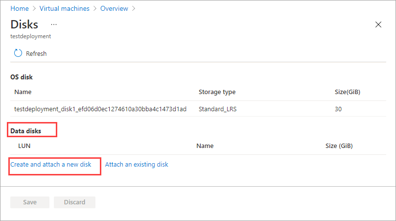 Screenshot des Disks-Blades in der „Übersicht“ für virtuelle Maschinen. Die Option „Neuen Datenträger erstellen und anfügen“ unter „Daten-Datenträger“ ist hervorgehoben.