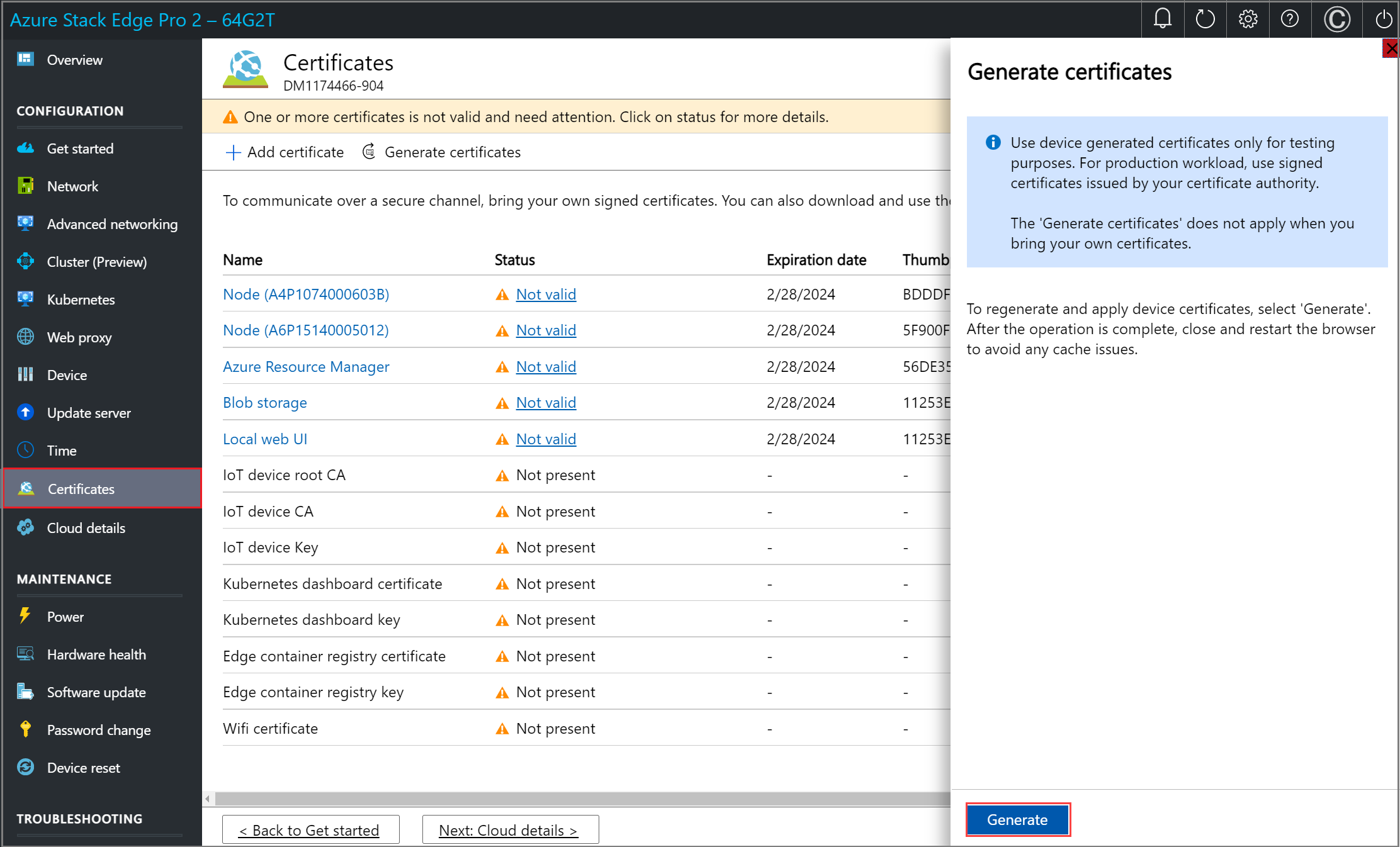 Screenshot of the Generate Certificates pane for an Azure Stack Edge device. The Generate button is highlighted.