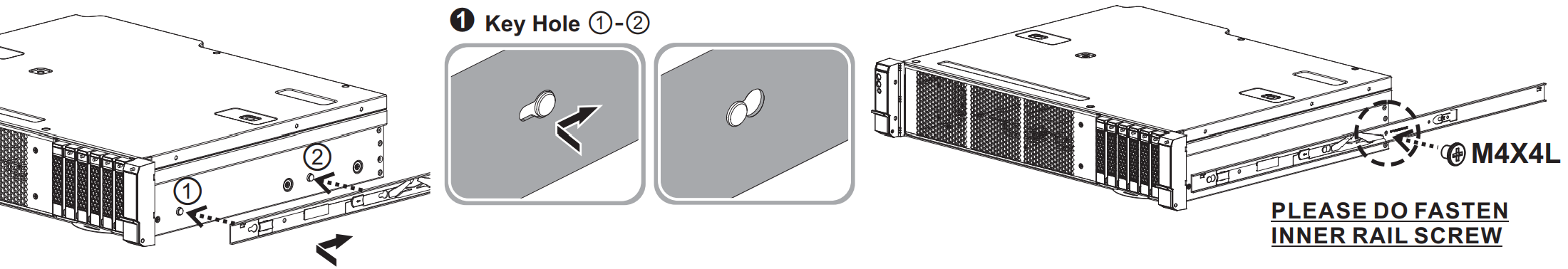 Diagram showing how to install inner rail onto the device chassis using a 4-post rackmount accessory.