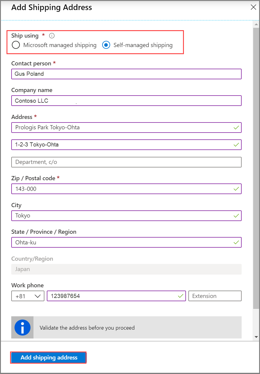 Screenshot of the Add Shipping Address dialog box with the Ship using options and the Add shipping address option called out.