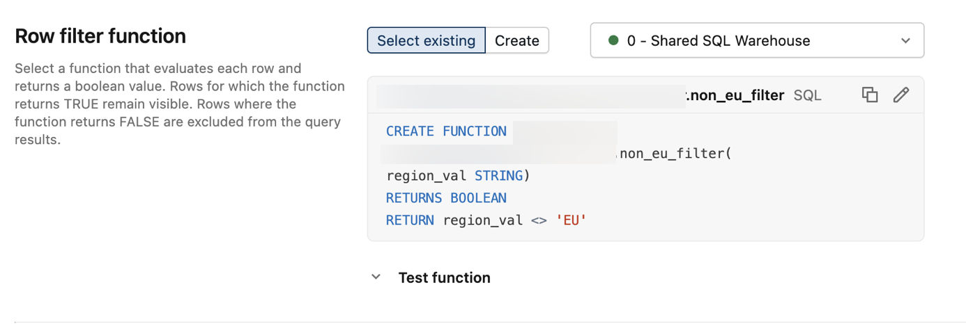 Beispiel für ABAC-Zeilenfilterrichtlinieneinstellungen für den Abschnitt 