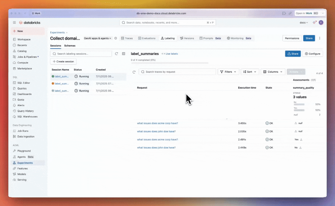 Ergebnisse der Erfassung von Feedback in der MLflow-Benutzeroberfläche