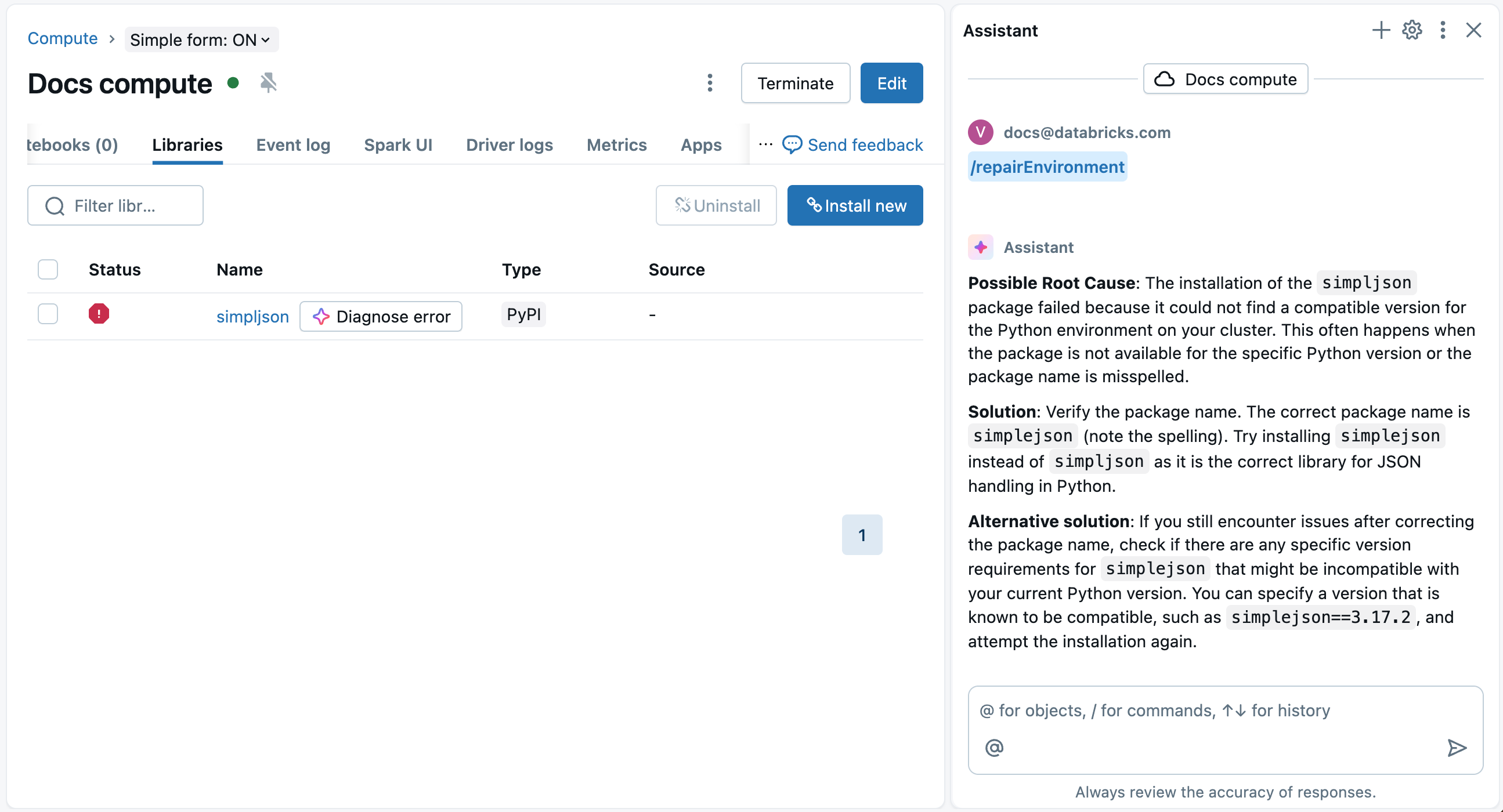 Verwenden Sie den Assistenten zum Debuggen von Installationsfehlern bei der Computebibliothek.