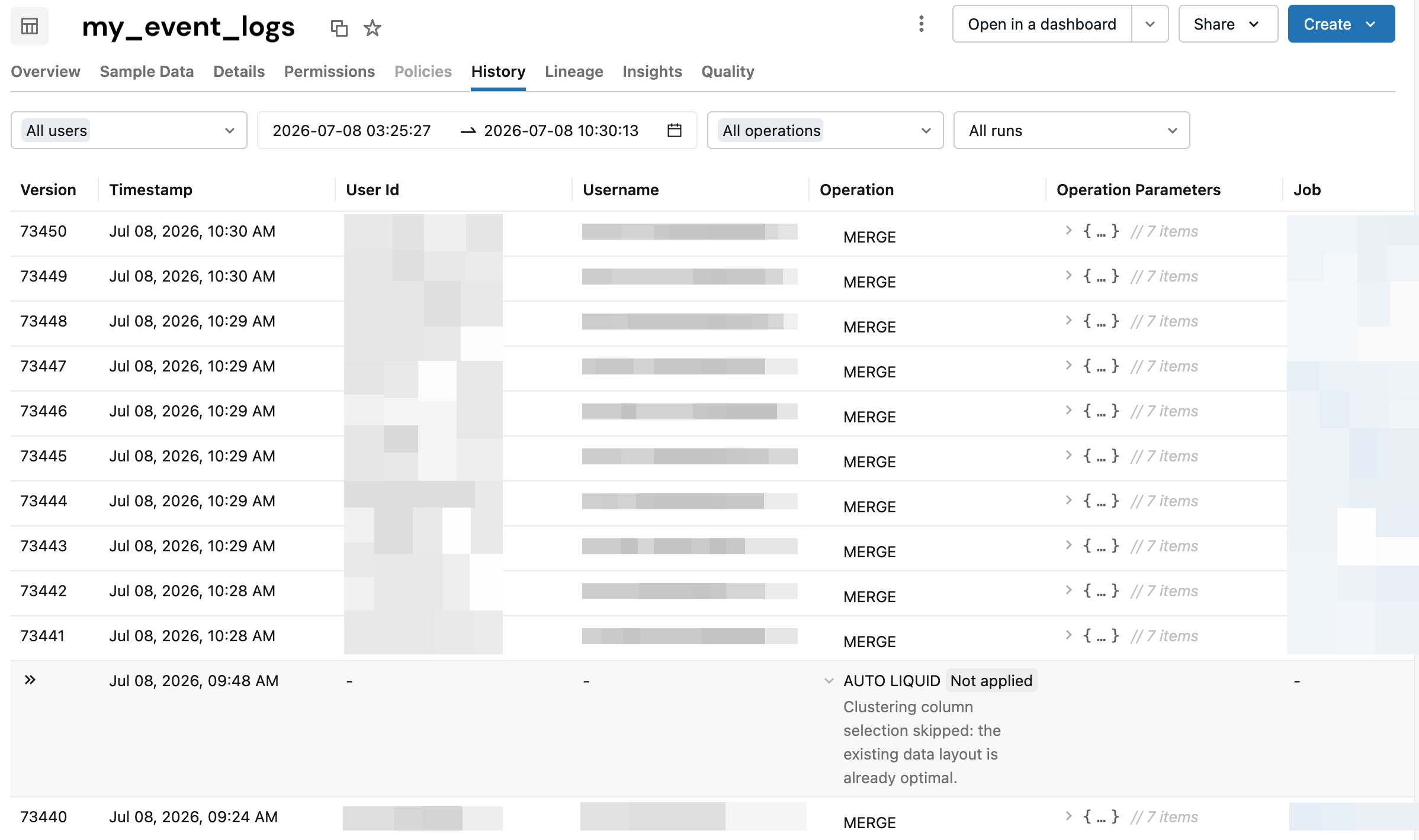 Registerkarte „Verlauf im Katalog-Explorer“ mit den Gründen für das Überspringen bei der prädiktiven Optimierung